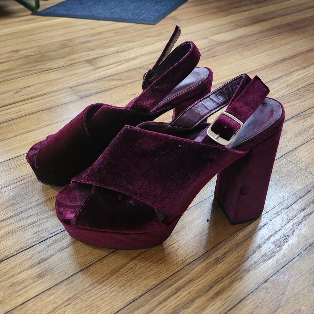 Dark Red Burgundy Velvet Platform Sandal Heels
